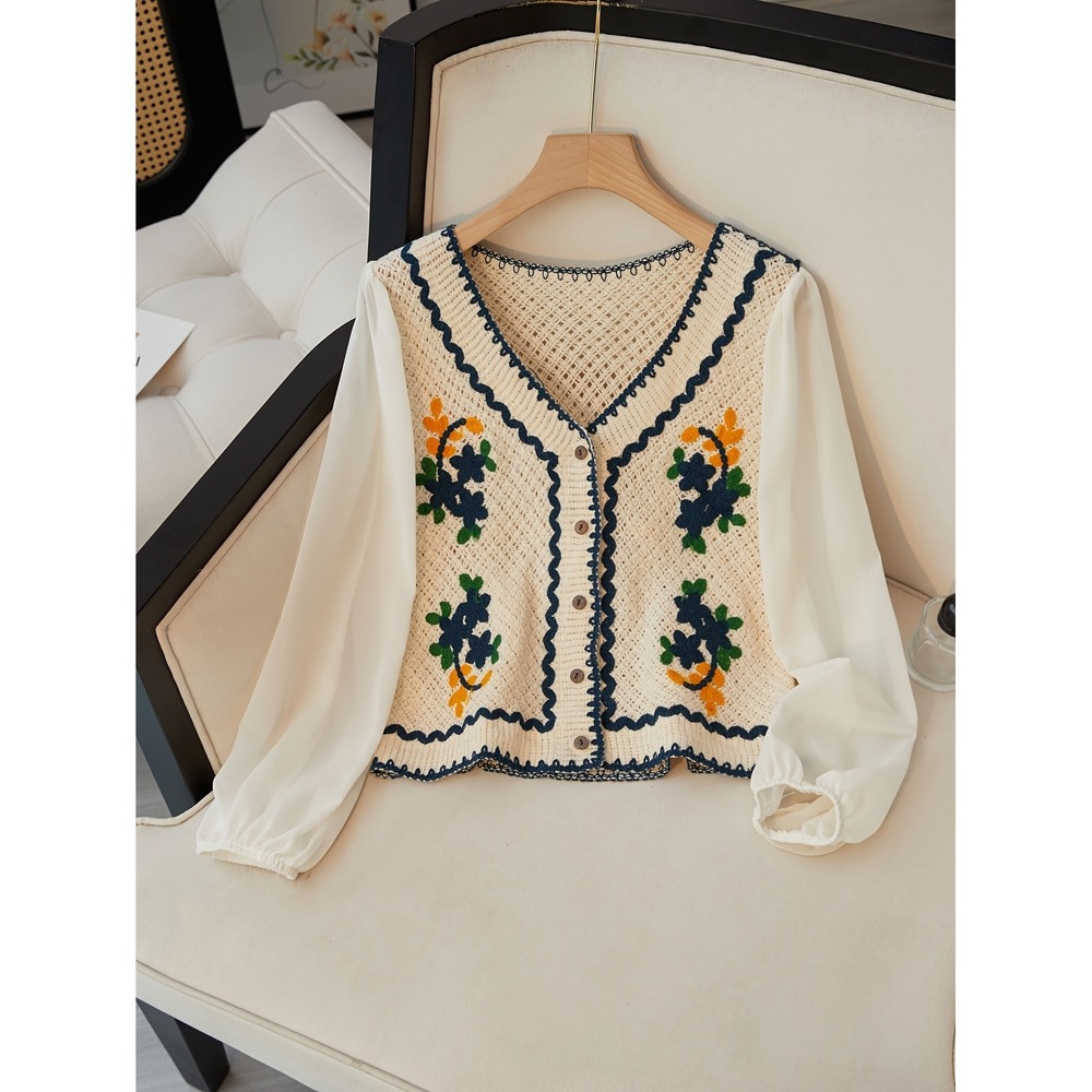 Unbranded Bohemian Button Down Cardigan Yellow‎ Floral Embroidery Crochet S/M